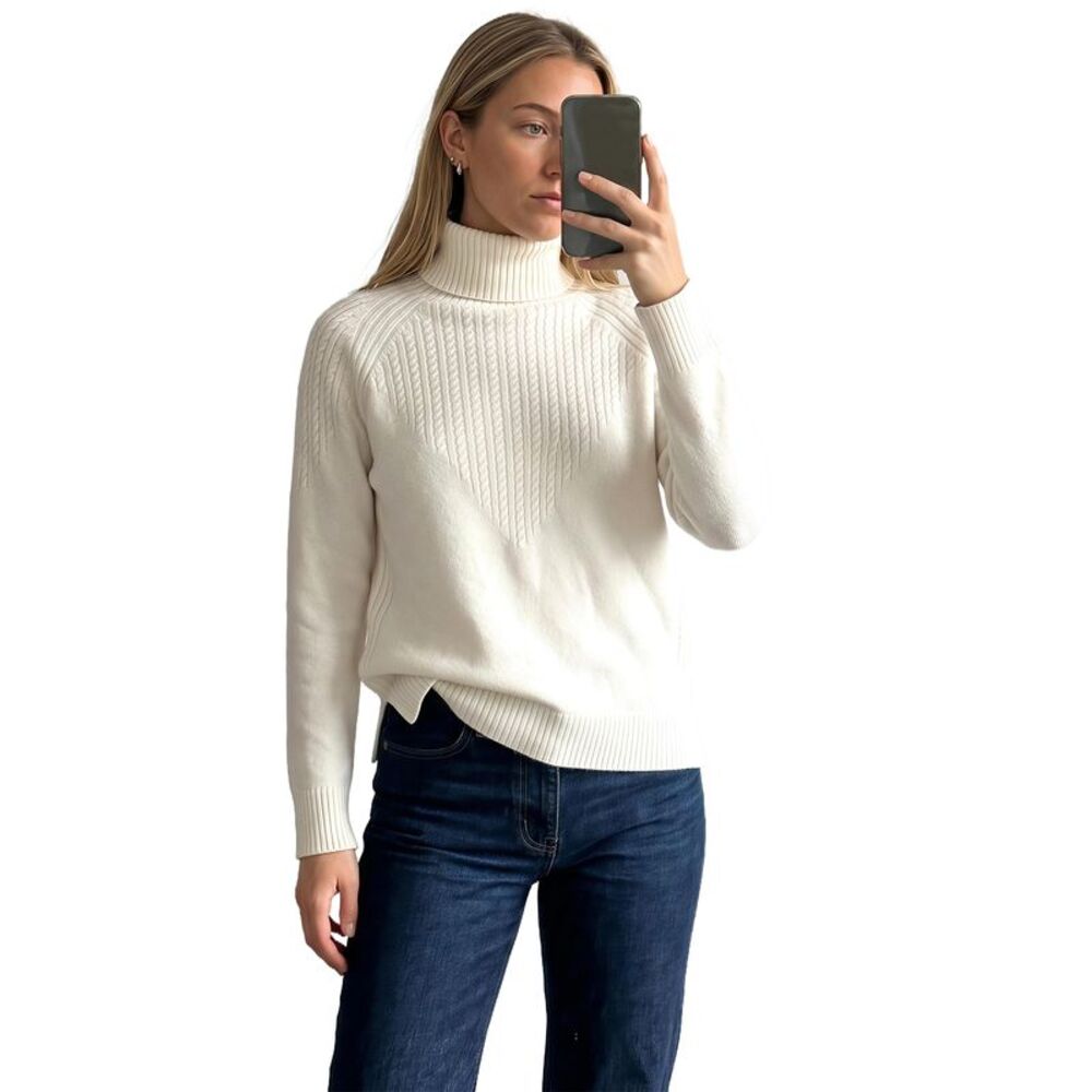 Women's Cable Turtleneck Raglan Vintage Split Hem Pullover Top Milk White